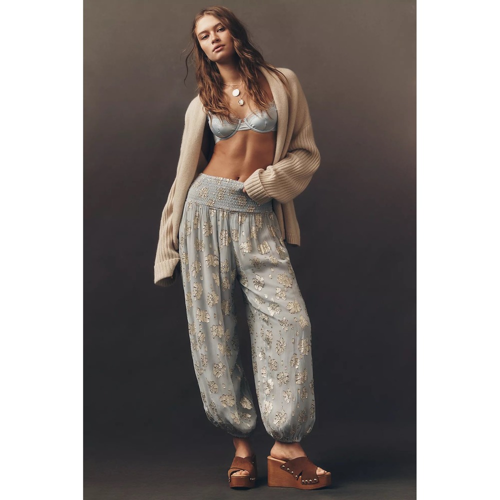 Anthropologie Blue Metal Gold Metallic Floral Smocked Joggers XS Tall